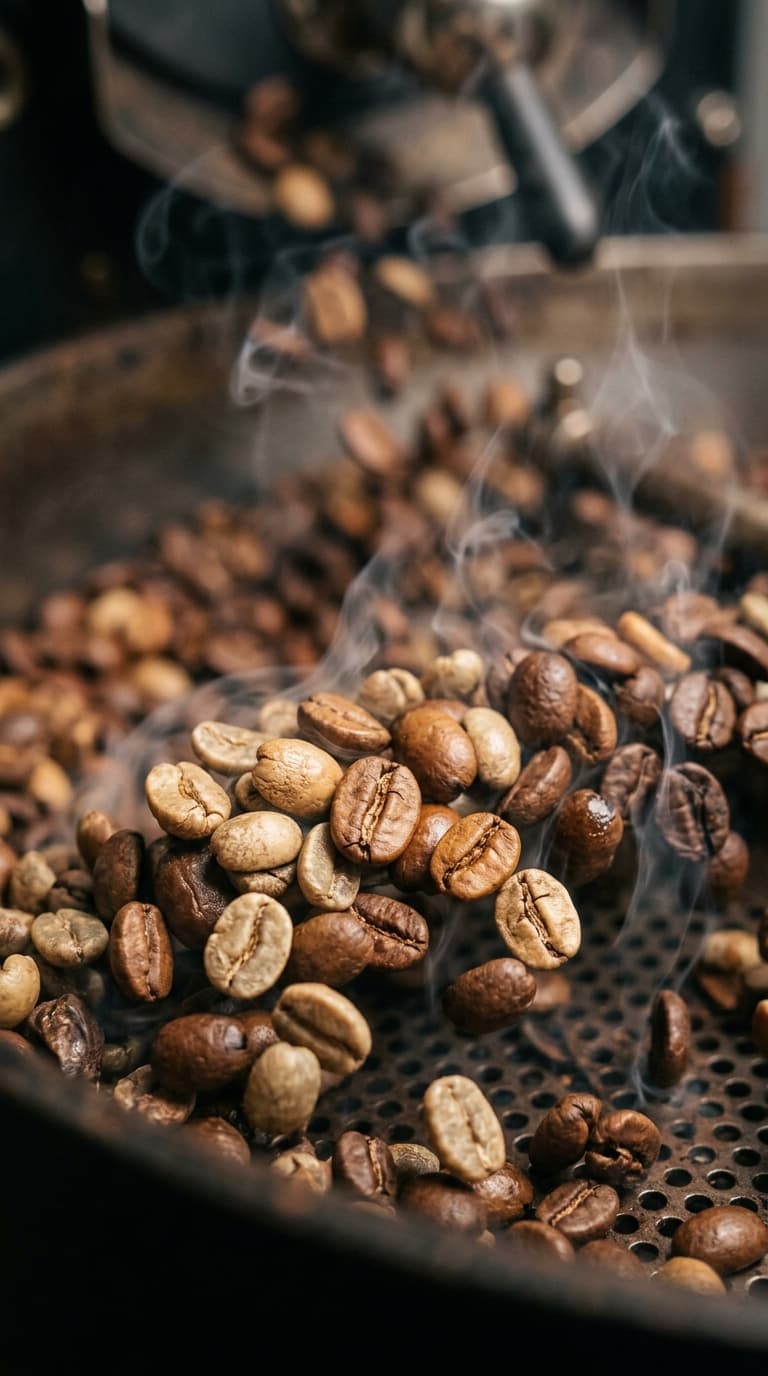 Coffee beans mid-roast with steam rising in a roaster drum