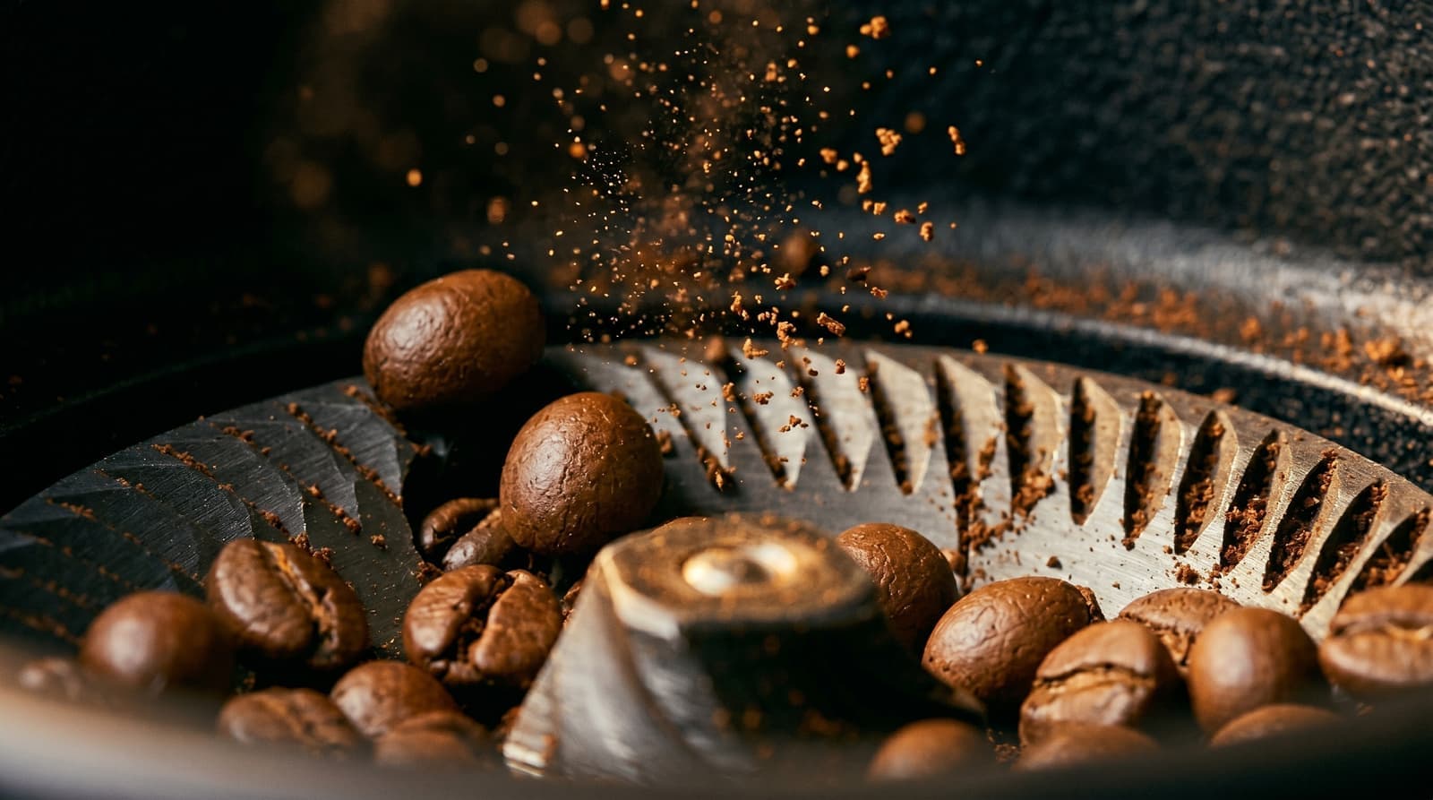Coffee beans inside an industrial grinder burr with particles flying