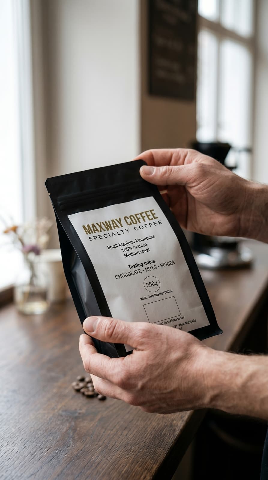Barista hands holding MAXWAY Coffee branded bag in café